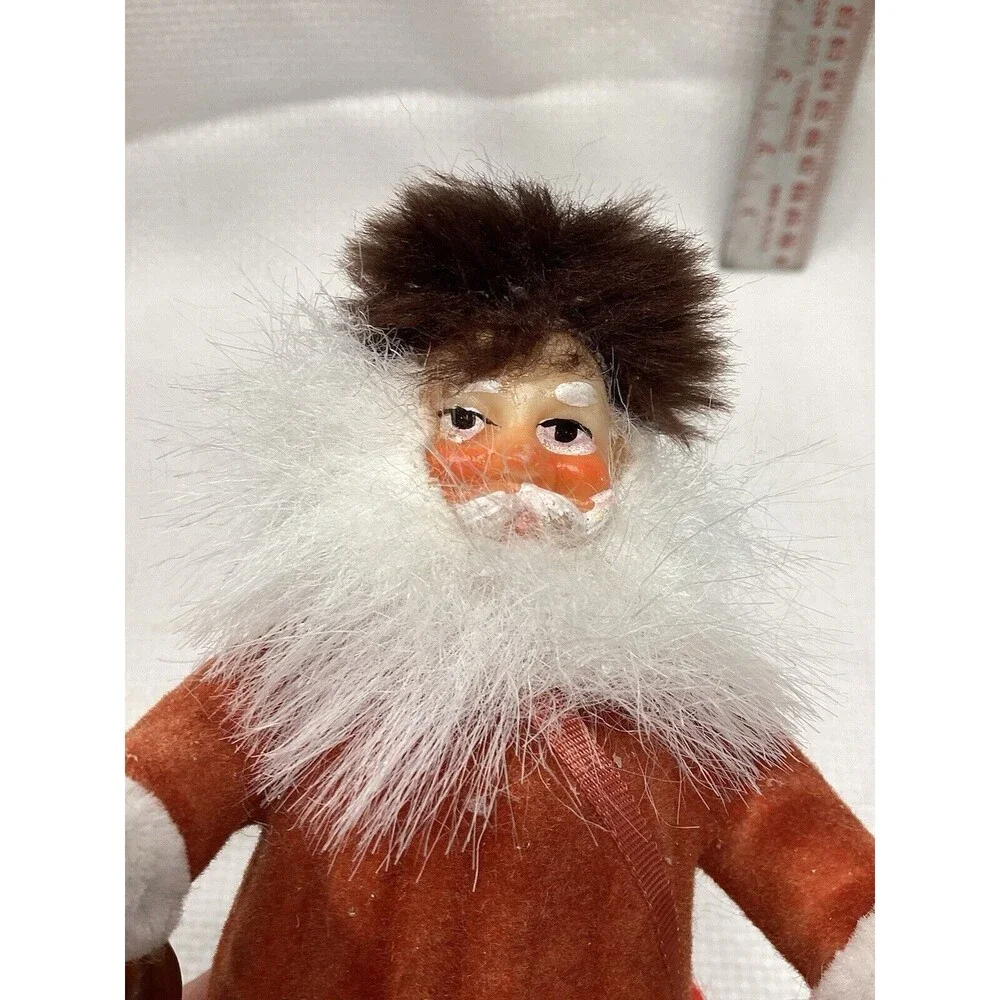 Flocked Plastic Old World Santa Christmas Ornament With Fur Hat & Bell 5”